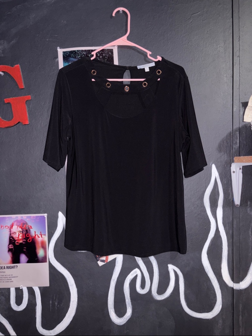 Grommet-Detail Black Short Sleeve Top